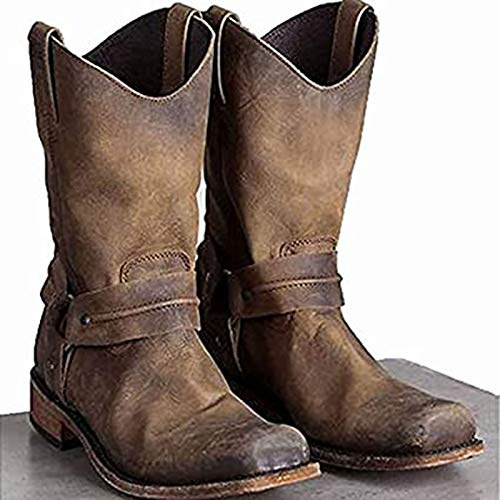 MWbetsy män västern-cowboystövlar i vintage-stil med fyrkantig tå, höga riddarstövlar, punk-gotisk rockstil, korta stövlar för vintervandring och jakt