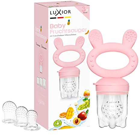 Luxior Fruchtsauger Baby Set candy | Fruchtsauger für Baby + 3 Aufsätze | Schnuller zum Befüllen mit Obst, Gemüse, Brei & Baby Essen | Fruchtsauger Baby ab 3 Monate | BPA-freie Zahnungshilfe