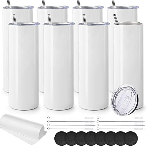 Malloom 8 Stück Sublimation Tumbler, 20 oz Sublimation Rohlinge Skinny Blanko Becher mit Deckel und Strohhalm Doppelwand Edelstahl Gerade Trinkgläser Sublimationstassen für Büro Reisen (Weiß)