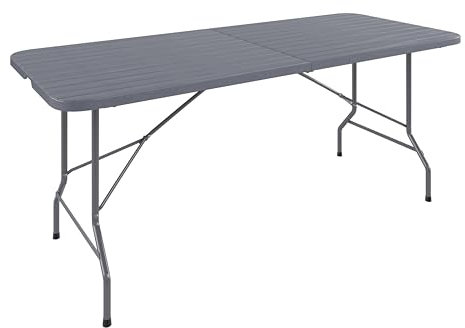 Tavolo Tavolino Pieghevole In Resina Dura Set Birreria Facile Trasporto Con Maniglia Ideale Terrazzo Campeggio Giardino Fiere Sagre Rettangolare 180 x 74 x 74 Cm (Grigio Scuro, Effetto Legno)
