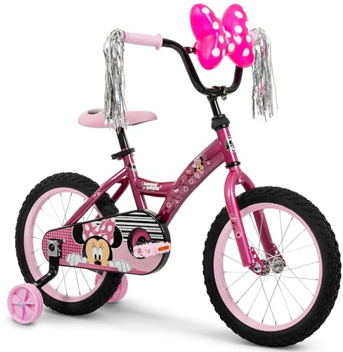 Huffy Disney Minnie 16 Pink Girls' Bike, Ideal for Ages 4-6 Years Old, Removable Training Wheels, Fun and Playful Design, Sturdy and Durable, Bow Case, Shimmering Streamers, Adjustable Comfort