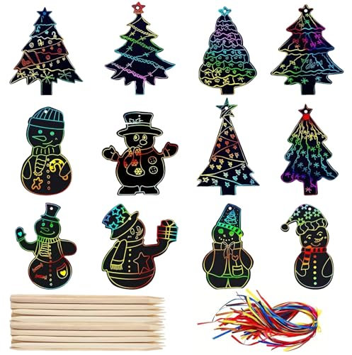 VEQENIFY 48 Stück Kratzbilder für Kinder Weihnachten - Scratch Painting Basteln Regenbogen Kratzpapier - Mitgebsel