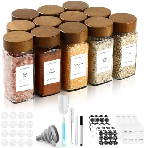 SXTIHD Pot à Épices en Verre et Bois, 12×120ml Ensemble de Bocaux à Épices avec Couvercle en Acacia Conteneurs de Rangement pour Épices, Étiquette