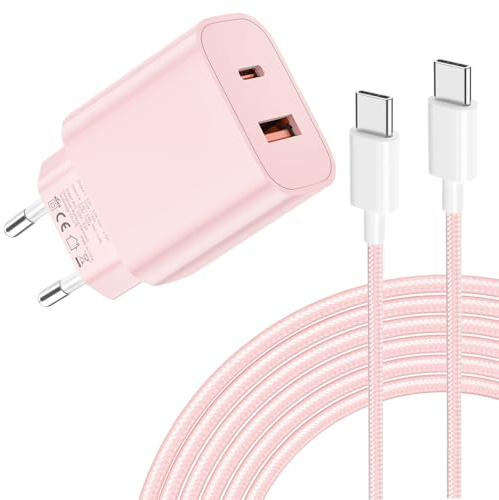 20W USB-C-laddare - Supersnabb laddning med dubbla portar och 2m USB-C-kabel, lämplig för Phone 17/16/15/14/13/12/11/XS/8/7,Galaxy S22/S21/S20,Pad, etc. (rosa)