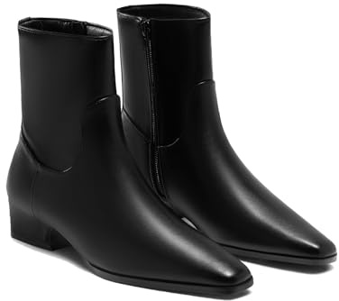 Coutgo Womens Booties Low Heel Ankle Boots Square Pointed Toe Chunky Heel Side Zipper Dressy Fall Boots Shoes, Black, Size 9