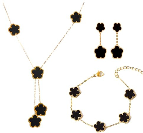 XFSRG Bijoux Trèfle À Quatre Feuilles Set Bijoux Parure Plaqué Or 18 Carats Quatre Feuilles Collier Boucles d’oreilles Bracel Pour Femme Filles De Mariage(Noir)