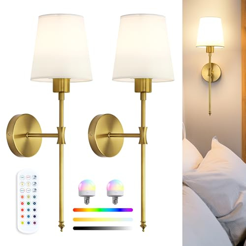 Wandleuchte Innen Akku LED Wandleuchte kabellos oder fest verdrahtbar, RGB Wandlampe mit Fernbedienung, 57 cm Höhe, Wandlichte Innen für Wohnzimmer, Schlafzimmer, Kinderzimmer, Gold VEYA WL04