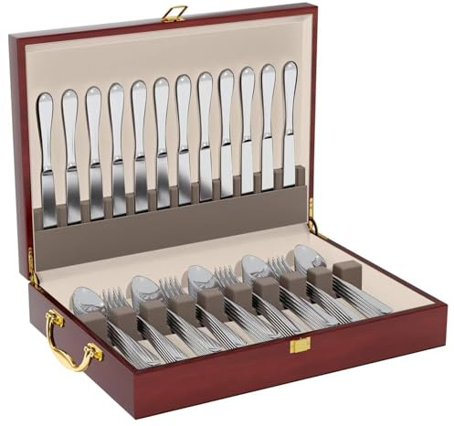 WGLILO Wooden Silverware Storage Box With Lid, Cutlery Case With Handle & Felt Lined, Silver Flatware Chest for 12 Sets of Utensil for Forks, Knives, Spoons, Kitchen and Dining Organizer, Brown