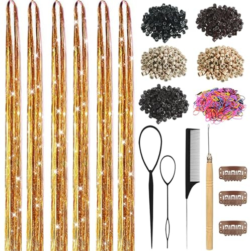 Gold Hair Tinsel Kit for Girls 1800 Strands Fairy Tinsel Hair Extensions Holographic Hair Tinsel Heat Resistant Colored Hair Glitter Christmas Party Festival (Gold)