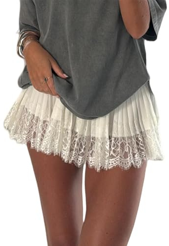 Sunloudy Women Lace Half Slip Skirt Elastic Low Waist Ruffle Pleated Underskirt Layered Flowy Mini Short Streetwear (White, M)