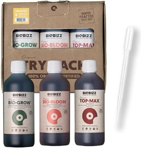 Biobizz Trypack Indoor – Set mit Bio Grow, Bio Bloom und Top Max Dosierpipette, organische Dünger für Indoor-Anbau