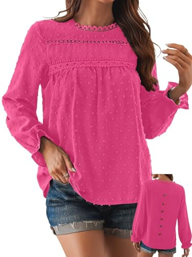 TUUHAW Abito Donna Primavera Taglie Forti Boho Top Manica Lunga Casual Camicetta Volant Elegante T-Shirt Collo Rotondo vestibilità Ampia Bluse Vintage Base Maglie Moda Pizzo Ricamato Blusa Fucsia 3XL