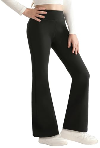 Girls' Fleece Lined Leggings Black Flared Legging Winter Thermal High Waisted Creppy Bell Bottom Yoga Pants Bootcut Thick School Trousers for Kid Girls Flares Size 6 7 8 9 10 11 12 13 Years