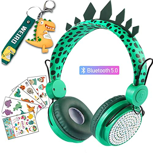 Dinosaurio Auriculares Niños Inalambricos con Luz LED,Límite de Volumen de 85dB Auriculares Bluetooth Niños, Headphones Diadema Niño con Micrófono,Cascos Niño para PC/IPad/Estudio/Viaje Regalos