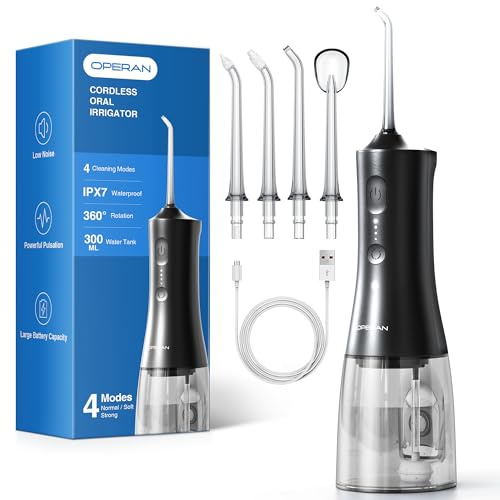 Operan Water Dental Flosser for Teeth Cordless, 300ML Rechargeable Oral Irrigator with 4 Modes, Water Flossers for Adults, IPX7 Waterproof, Use at Home/Travel, Gloss Black, 1 Pack + 4 Nozzles