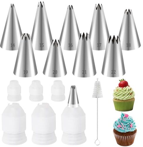 9 boquillas para repostería de acero inoxidable, con 6 acopladores de plástico reutilizables y 1 cepillo de limpieza, boquillas para decoración de pasteles y tartas, aptas para galletas, cupcakes, 16