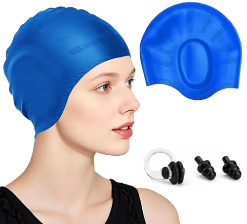 Silicone Swimming Cap, Swim Hat with 3D Ear Protection | for Long/Short Hair, Anti-Slip Waterproof Swimming Cap for Pool Training Sports Recreational Swimmings, for Women Men & Youth
