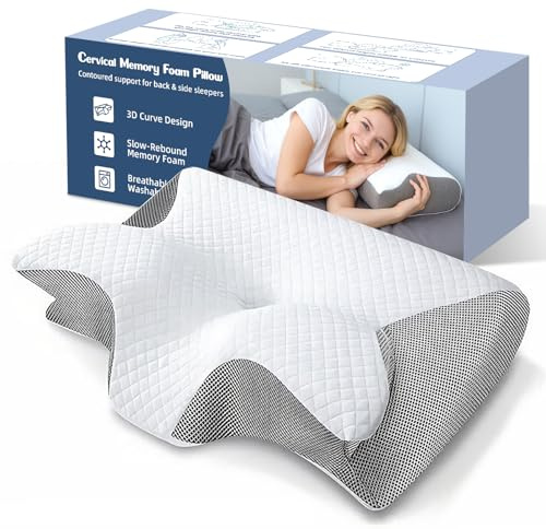 MIOEUZS Ergonomisk Nackkudde Memory Foam 60×35×7,5/11,5 cm, Ortopedisk Kudde med 2 Höjder, Fjärilskudde med Tvättbart Överdrag för Sidosovare, Ryggsovare och Magsovare