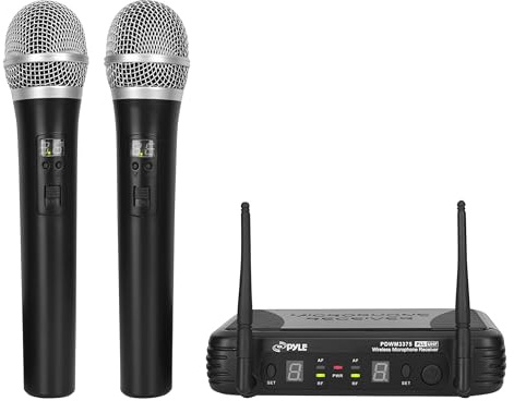 PYLE-PRO Professional Wireless Microphone System - Dual UHF Band, Wireless, Handheld, 2 MICS With 8 Selectable Frequency Channels, Independent Volume Controls, AF & RF Signal Indicators - PDWM3375