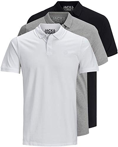 JACK & JONES 12171776 - Pack de 3 polos para hombre, entallados, manga corta, colores negro, blanco, azul, gris, tallas XS, S, M, L, XL, XXL, XXL