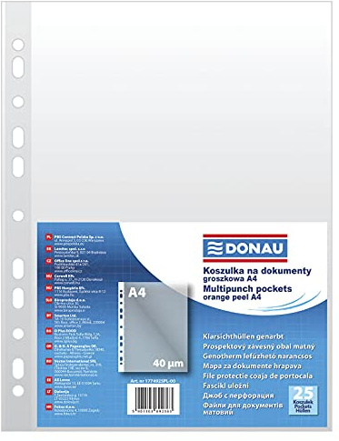 DONAU - Fundas perforadas (polipropileno, tamaño A4, 40 micras, 25 unidades, archivado de documentos, tipo piel de naranja, estándar, material: PP, color, transparente, formato-A4, grosor (mm)-40