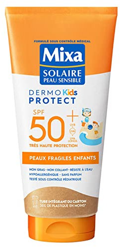 Mixa Solaire Peau Sensible - Lait Soin Solaire Très Haute Protection SPF50+ UVA, UVA longs, UVB - Peaux Fragiles Enfants - Résistant à l'Eau - Anti-Sable - Hypoallergénique, Sans Parfum - 175ml