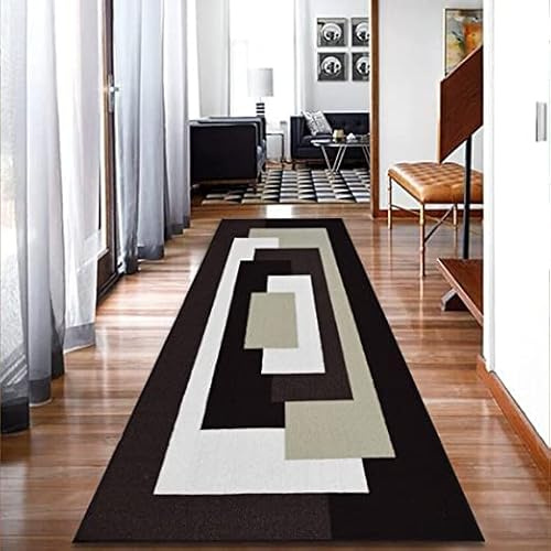 PHP Long Runner Rug for Hallways - Thick Non Slip Flat Woven Geometric Pattern Classical Indoor Carpet Runner Mat for - Kitchen Hallway Hall Bedroom Living Room, 60 x 220 cm, Brown Beige