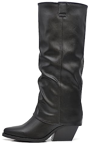 IF Fashion Scarpe Stivali Texani Arricciati Da Donna Con Ghetta Risvolto MP627 nero N.36