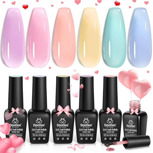 beetles Gel Polish Nail Set 6 Colours Pink Blue Purple Jelly Gel Nail Polish Candy Sweet Colours Collection Nail Art Design Transparent Soak Off Uv Diy Manicure Kit for Women Girls Spring Gift
