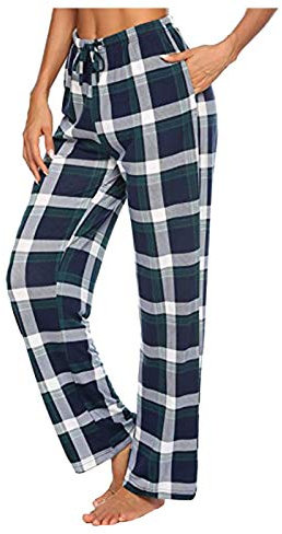 Schlafanzughose Damen Kariert - Schlafanzug Hose Damen Lang- Karierte Pyjamahose Damen Haushose mit Gummizug Lässig Locker Weites Bein Straight Leg Freizeithose Baumwolle Lange Hosen für Frauen