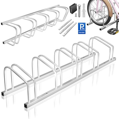 KESSER® Fahrradständer für 5 Fahrräder inkl. Parkschild | Mehrfachständer mit 37cm Radabstand für 30-65mm Reifenbreite | Fahrradhalter Aufstellständer für Boden- oder Wandmontage | Radständer Silber