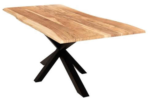 Liadomo Esstisch 140x80 Isa Natur, Baumkantentisch, Akazie Massivholz Tisch, 26mm Tischplatte Lackiert, Robust & Pflegeleicht, Unikat, Spider-Gestell Metall schwarz