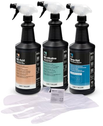 ERRECOM Cleaning Kit for Air Conditioners, includes A/C Filter and Evaporator Cleaner Clima-Net (1L) BIO-Acid (1L) and BIO-Alkaline (1L) Condenser Cleaners with Biodegradable Surfactants, Gloves