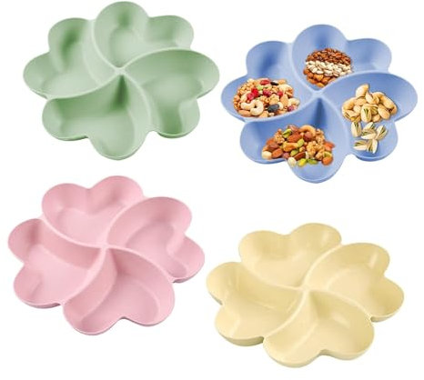 SJDOFU Herzförmige Snackteller, 4 Stück Snackteller mit Fächern, Snackteller Teller für Nuss Candy Getrocknetes Obst Essen für Home Party (Rosa Gelb Grün Blau)