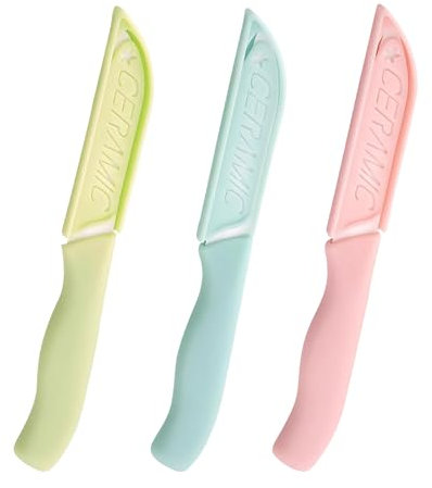 MAEXUS Spelucchino con custodia protettiva, set da 3 coltelli in ceramica, coltello da frutta, coltello da cucina, coltello ergonomico in ceramica per frutta e verdura