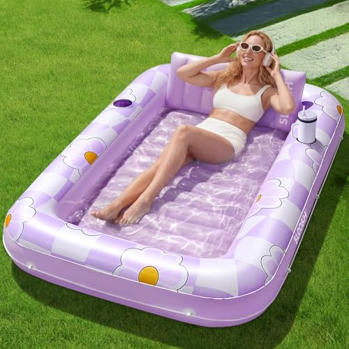 SLOOSH Inflatable Tanning Pool Lounger Float, 70 x 46 Pool Floats Adult with Pillow, 4 in 1 Suntan Tub Raft Floatie,Sunbathing Bed Lounge for Water Blow Up Ball Pit Party Gifts, Purple Chase Flower