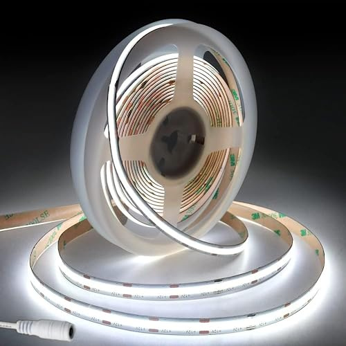 JBdusn 12V COB LED-remsa 6500K, 5m flexibel högdensitets 8mm bred lysrör ljusband 480LED/m klippbar ljustejp självhäftande för sovrum och kök gör-det-själv-belysningsprojekt (utan strömförsörjning)