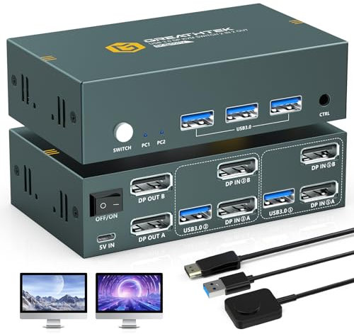 4K 120Hz DisplayPort KVM Switch 2 PC 2 Monitore,8K 60Hz USB 3.0 KVM-Switches mit Dual Monitor DP 1.4-Unterstützung für 2 Computer, Hohe Kompatibilitä, Teilen von 3 USB 3.0 Geräten (2 IN 2 OUT, USB3.0)