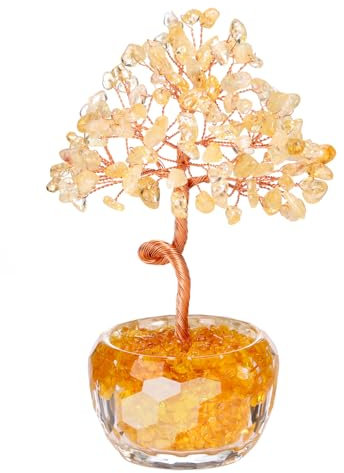 JSDDE Citrine Crystal Tree Healing Crystals Stones Tree with Glass Base Gemstone Tree for Positive Energy Office Decor Fengshui Tree Gift