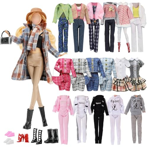 Set di 14 vestiti e accessori compatibili con Barbie, 1 cappotto a quadretti, 1 abbigliamento sportivo, 1 set di moda, 1 gonna, 2 tasche, 5 scarpe, cappello, sciarpa casuale per
