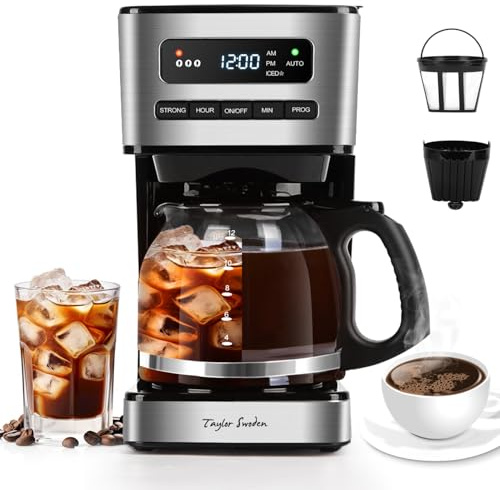 Taylor Swoden 1.8L Filter Coffee Machine with Iced Coffee Mode & 24H Timer | Programmable Drip Coffee Maker, 3 Brew Strengths, Auto Clean, Keep Warm & Anti-Drip, Glass Carafe, Black, Flex