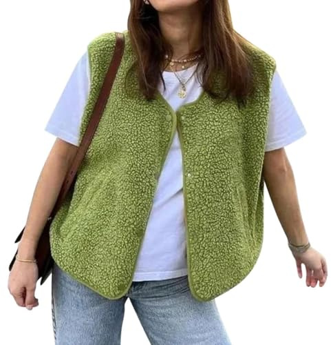 Generisk teddy fleece väst dam ärmlös med knappslå fluffig jacka varm fodrad mode västar fleeceväst teddy väst dam, A1 grön, S
