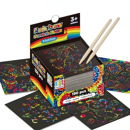 GizzJeveal 150 Pcs Scratch Art Paper Kit, 3 Metallic Colors (Rainbow, Silver, Rose Gold), 3 Stencils & 2 Styluses. Magic Crafts for Kids 3-12, School Rewards, Party Favors, Easter Gifts