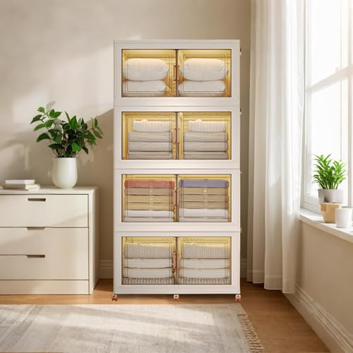 GarveeHome Armario apilable de Almacenamiento para Dormitorio, 4 Niveles con Ruedas, Cajas Plegables de plástico con Puertas y Tapa, Capacidad Total 580L, 85x48x176 cm, 4 Layers