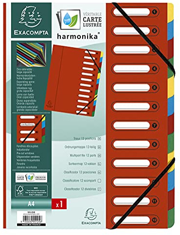 Exacompta 55125E Premium Ordnungsmappe Harmonika. Aus extra starkem Colorspan-Karton DIN A4 12 Fächer und 2 Gummizüge mit Indexfenster und dehnbarem Rücken Register-Mappe rot