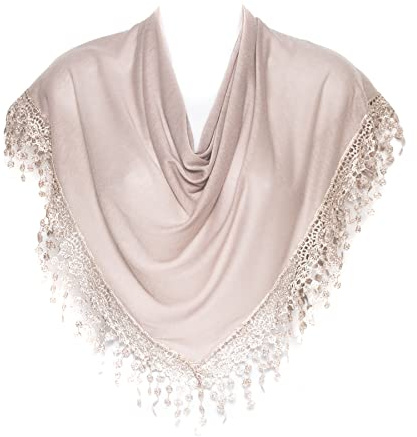 Hat To Socks Women’s Triangle Scarf - Elegant Shawl with Bobbin Lace Fringe (Latte)