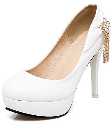 Kvinnors mode rund tå stilett slip-on hög klack med 10 cm bekväm enkel promenad 2,5 cm plattformspumps för kvinnor stor storlek Z7310-8s, Vit 2, 37 EU