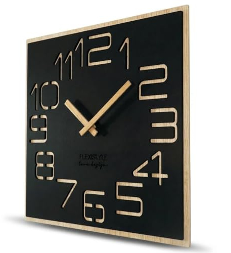 Orologio da parete grande effetto legno Digits ECO, quadrato, silenzio, soggiorno, camera da letto, prodotto in UE (nero, 40 cm)