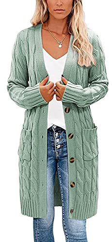 Earnmore Womens Long Cardigan Cable Knit Sweater, Long Sleeve Open Front Button Sweater Coats Outerwear with Pockets for Fall Winter (Light Blue), XL