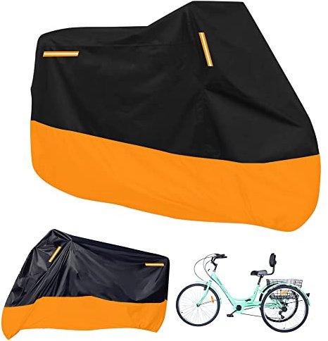 Premium Dreiradabdeckung für Erwachsene, passend für alle 3-Rad-Fahrräder oder Motorräder, Außen- und Innenaufbewahrung, 264,2 cm L x 110 cm B x 124,5 cm H (schwarz & orange)